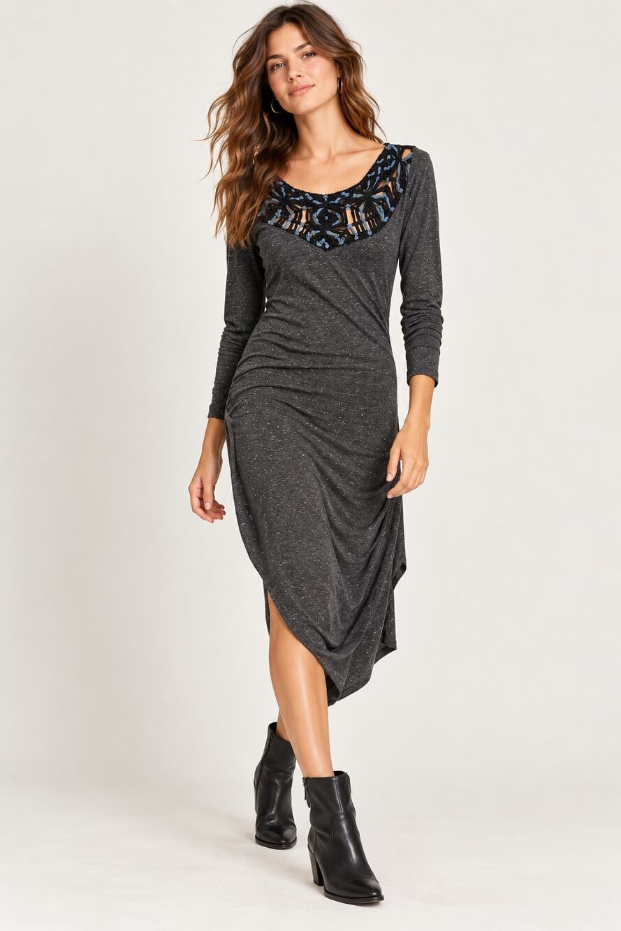 Free People Gray Macrame Crochet Asymmetric Long Sleeve Knit Dress - Size Large